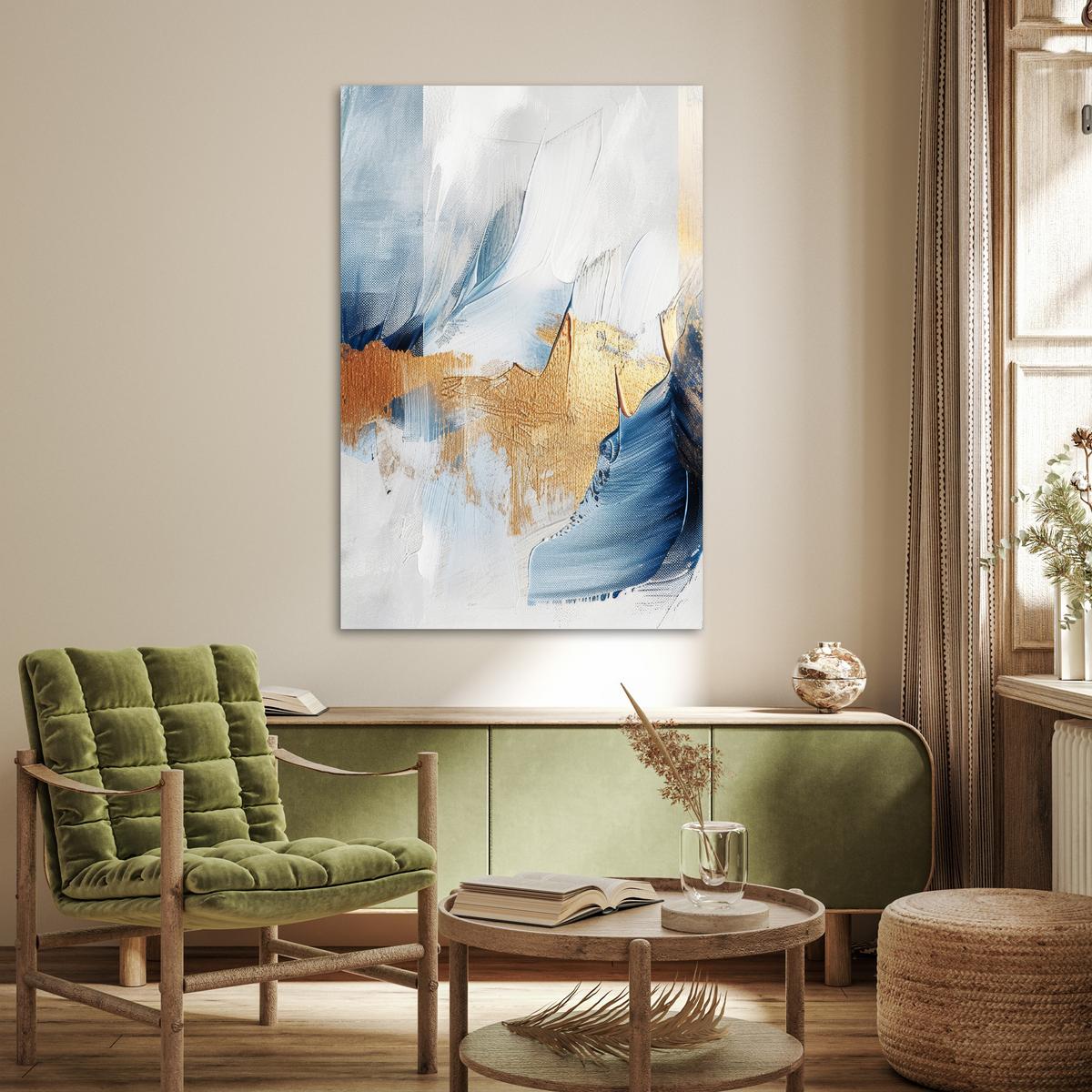 POSTER Gold - Blau - Aquarell - Kunst - Modern Wandbild Schlafzimmer 80x120 cm - Hellblau, Papier (80/120/0.1cm) - MuchoWow