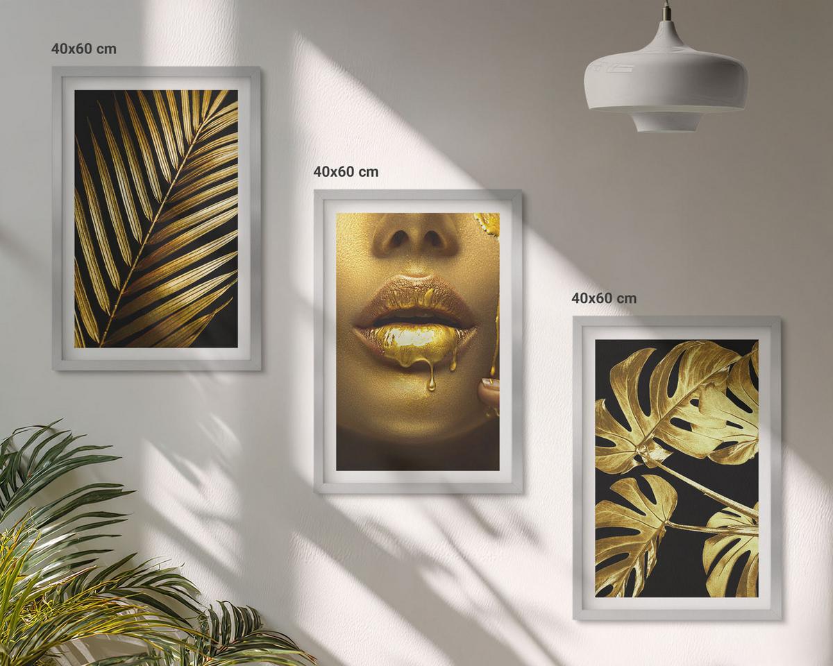 BILDER SET 3er Set - 40x60 cm Silberner Rahmen - Mund einer Frau mit Monstera-Palme - Silberfarben, Kunststoff (40/60cm) - TULUP