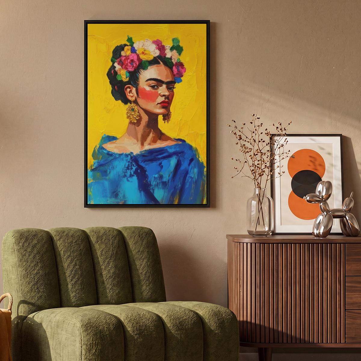 LEINWAND Bilder mit Rahmen - Frida Kahlo - Frau - Gelb - Blau - Blumen - 60x90 - Gelb, Textil (60/90cm) - MuchoWow