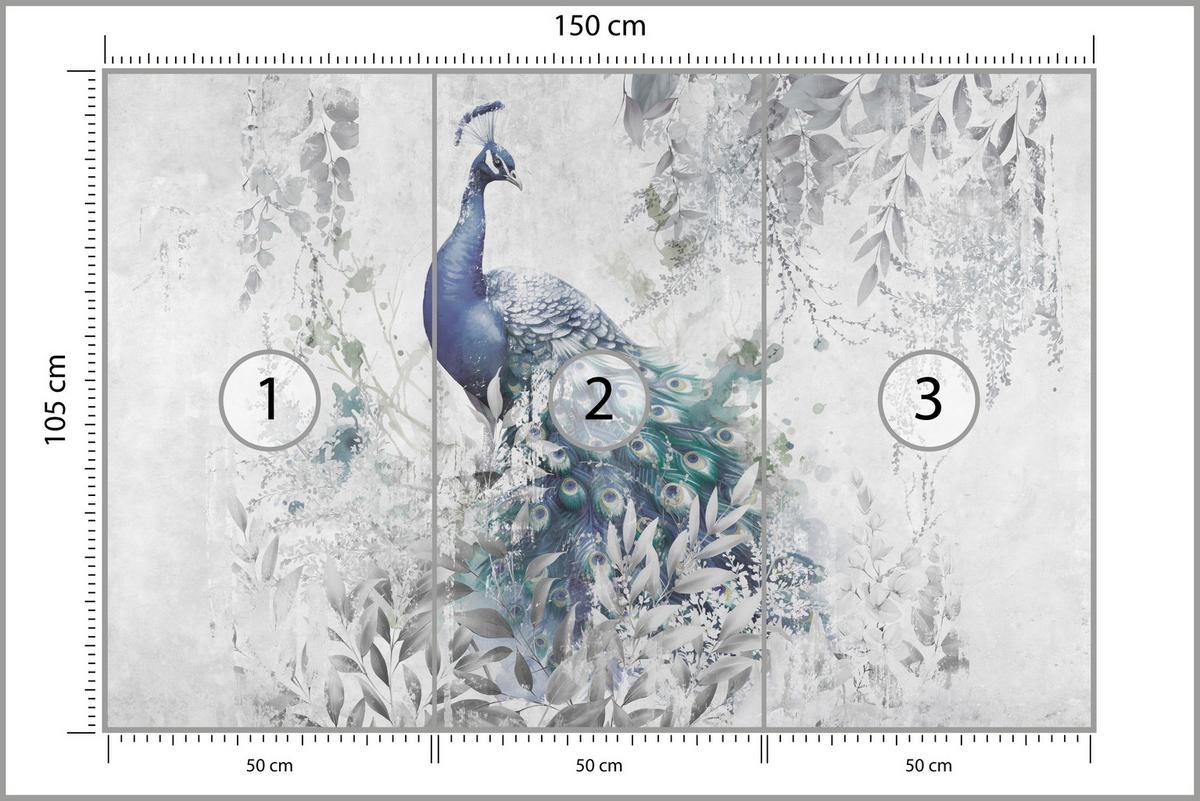 FOTOTAPETE für Schlafzimmer Abstrakte Vogel Pfau Beton Blätter 150x105 - Türkis/Blau, Papier (150/105cm) - Muralo