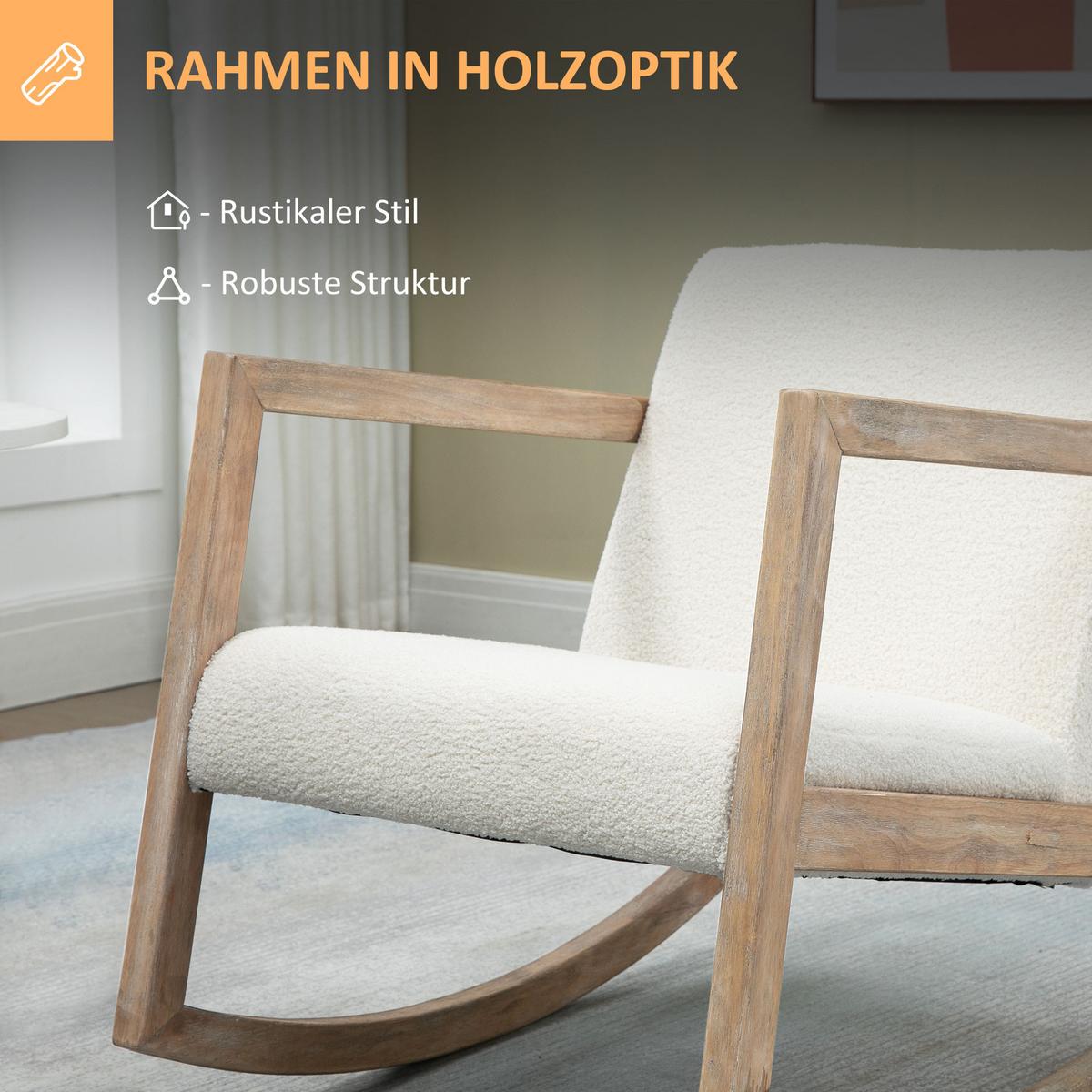 SCHAUKELSTUHL mit Holzrahmen Wohnzimmersessel Lounge Kautschukholz Cremeweiß - Creme, Kunststoff (76/77/60cm) - HOMCOM