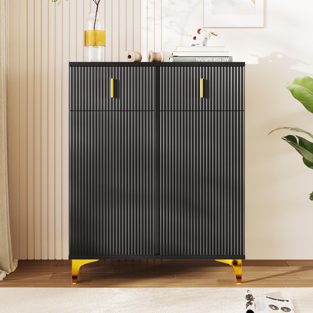 SCHWARZES Sideboard mit Struktur und goldenen Details SHEZA - Schwarz, Holzwerkstoff/Metall (45/101/54cm) - Urban Meuble