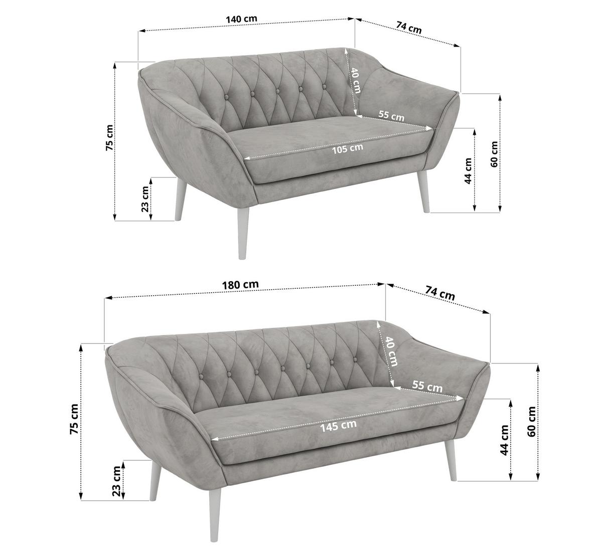 SITZGARNITUR PIRS 3+2 - Hellgrau Velvet - Weiße Beine - Hellgrau/Weiß, Holzwerkstoff/Textil (180/75/74cm) - MKS
