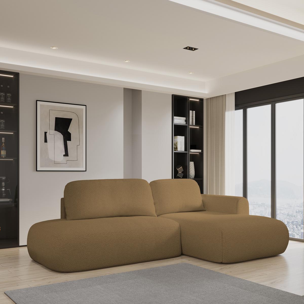ECKSOFA NUVIRA R-S Orange Boucle-Stoff mit Schlaffunktion - Orange, Holz (279/158cm) - MASSENO