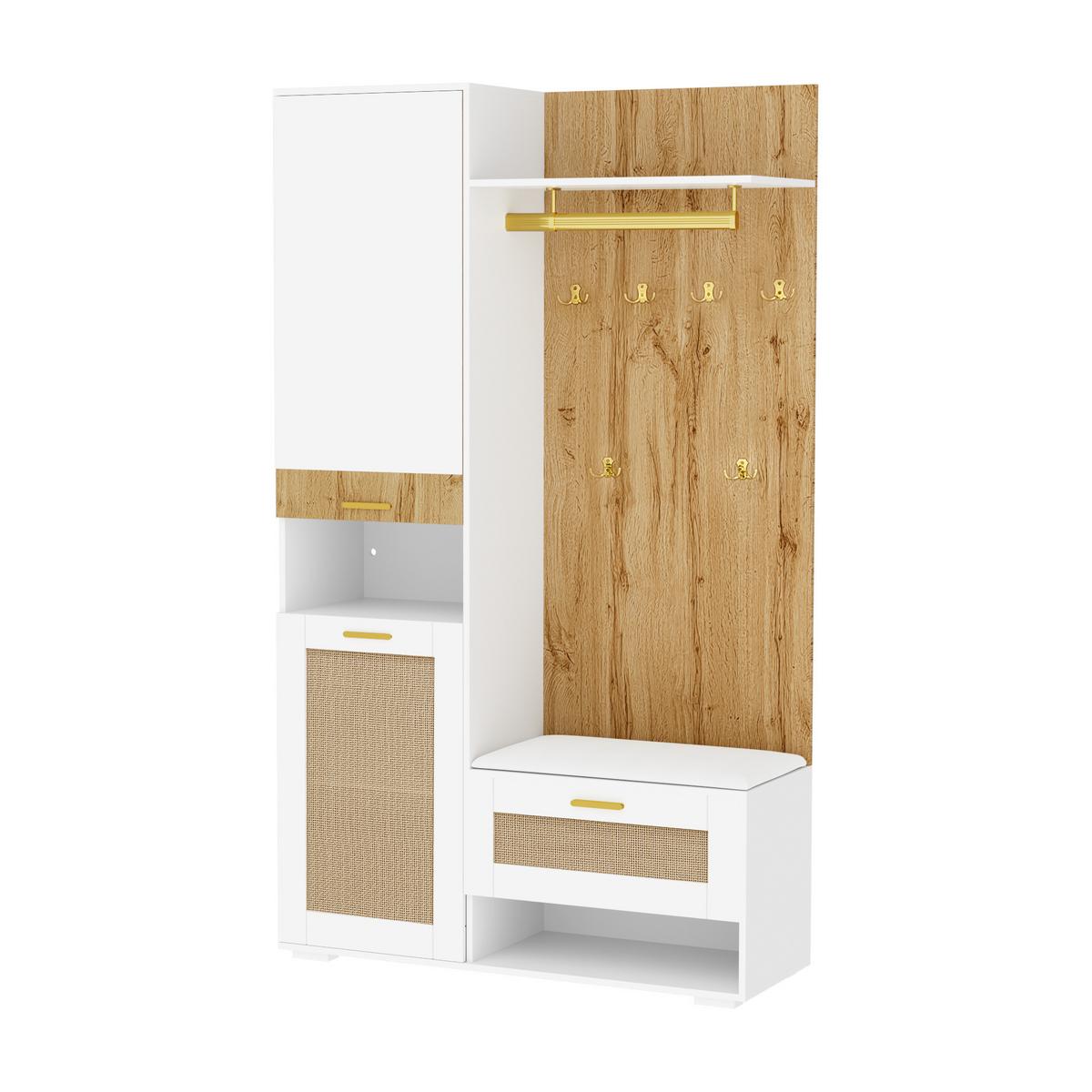 GARDEROBEN-SET 110 cm in Weiß/Holz mit Spiegel Rattan-Optik - Naturfarben, Holzwerkstoff (110/190/38cm) - Urban Meuble