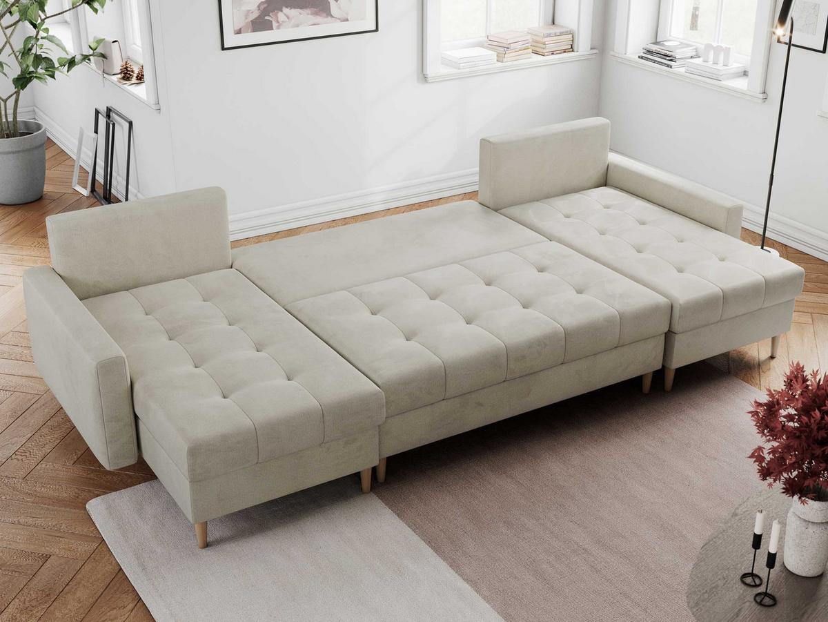 WOHNLANDSCHAFT Colin U Velvet Beige - Beige/Braun, Holz/Textil (290/75/140cm) - MKS
