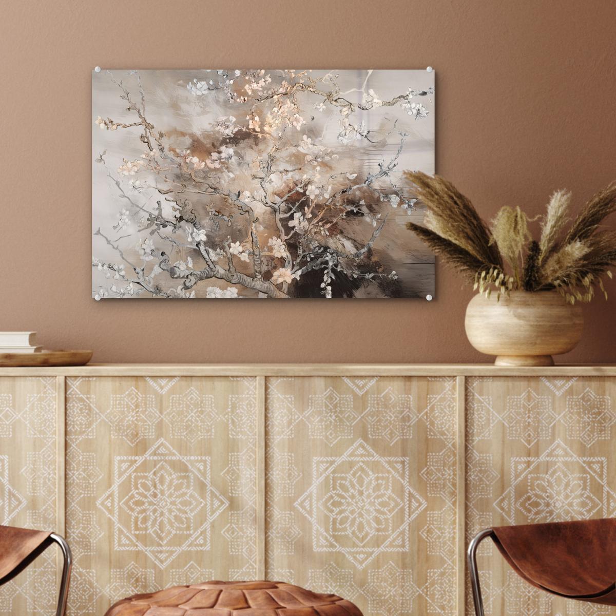 ACRYLGLASBILD Mandelblüte - Kunst - Van Gogh - Beige - Abstrakt Wanddeko 60x40 cm - Braun, Glas (60/40cm) - MuchoWow