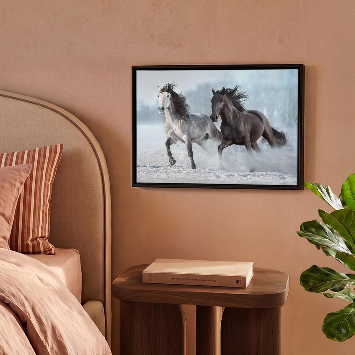 LEINWAND Bilder mit Rahmen - Pferde - Winter - Tiere - Natur - Schnee - 40x30 - Anthrazit, Textil (40/30cm) - MuchoWow