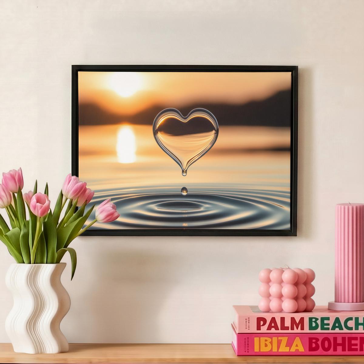 LEINWAND Bilder mit Rahmen - Herz - Wasser - Sonnenuntergang - Natur - Zen - 40x30 - Bernsteinfarben, Textil (40/30cm) - MuchoWow