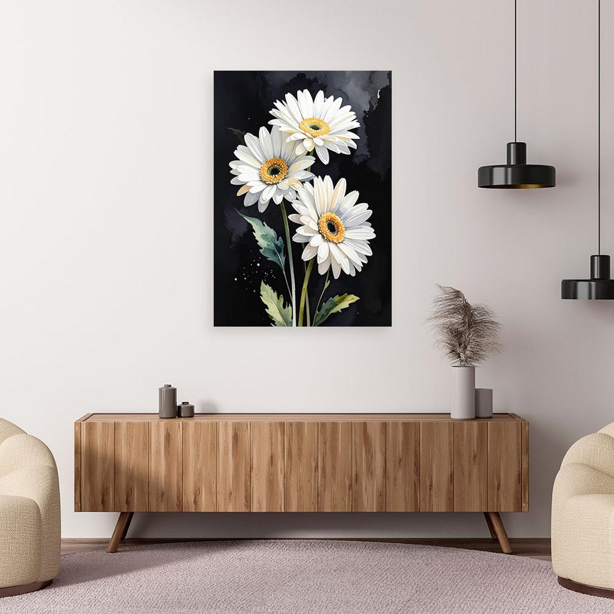 LEINWANDBILDER, Weiße Margarita Blumen auf schwarzem Hintergrund - Weiß, Textil (70/100cm) - Feeby