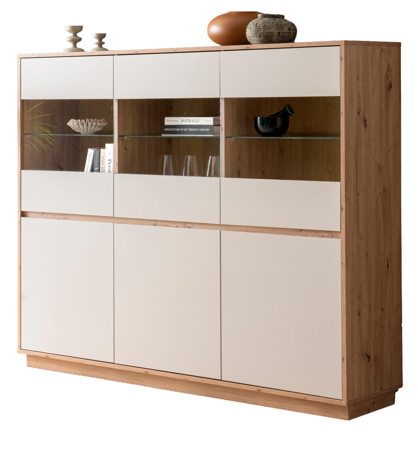 HIGHBOARD Kaschmir, Artisan Eiche 164 x 138 cm, Vitrine 6-türig mit Soft-Close - Kaschmir/Eiche Artisan, Glas/Holzwerkstoff (164/138/40cm) - Furn.Design