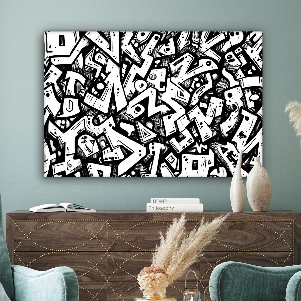LEINWANDBILD Formen - Buchstaben - Graffiti - Schwarz Wohnzimmer Groß 120x80 cm - Schwarz, Textil (120/80cm) - MuchoWow