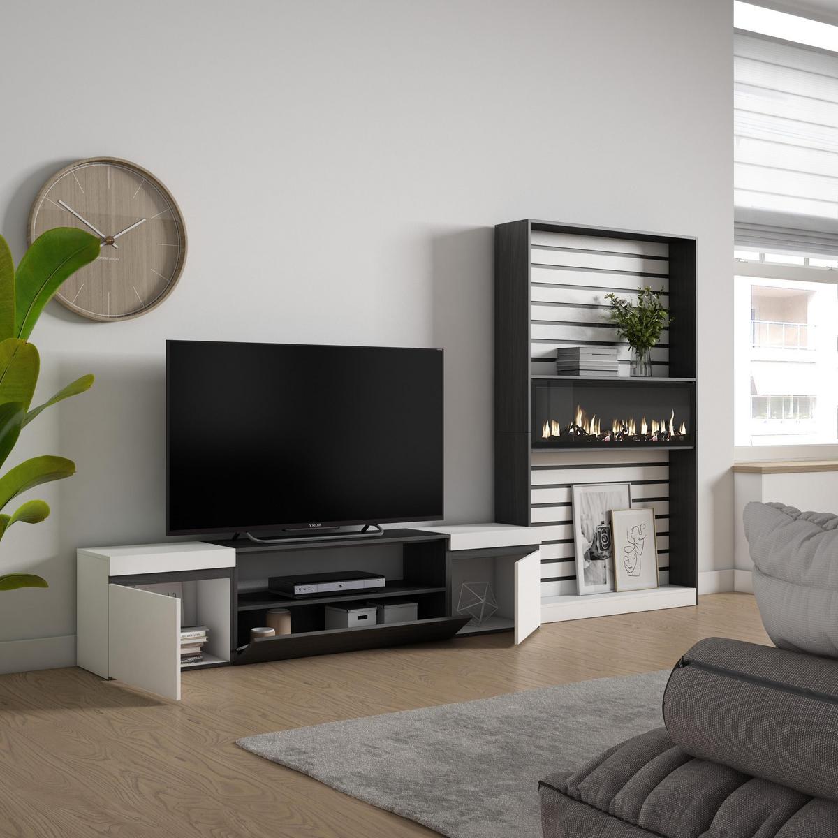 WOHNWAND Wohnzimmer, weiß und schwarz, Elektrokamin,, 310/35/186cm - Schwarz/Weiß, Holzwerkstoff (310/186/35cm) - Skraut Home