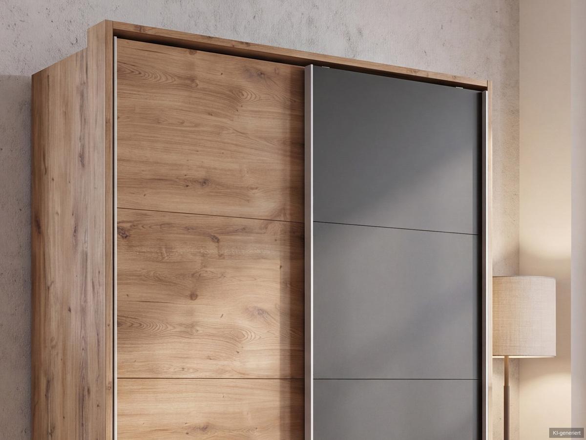 SCHWEBETÜRENSCHRANK 2-türig B138/H200/T65 cm, Passepartout-Kleiderschrank in Eiche Dekor, 1x Tür & sichtbare Schubkästen in Grafit / 22671 - Eichefarben/Graphitfarben, Holz/Holzwerkstoff (138/200/65cm) - luma-home