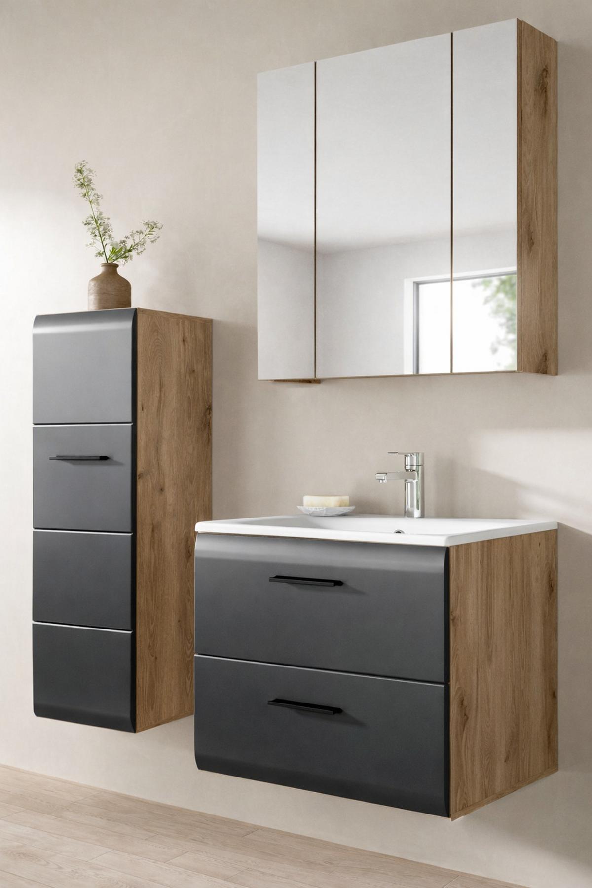 BADMÖBEL-SET schwarz matt, Eiche Nox, Badezimmer komplett mit Waschbecken 105 cm - Eichefarben/Schwarz, Glas/Holzwerkstoff (105/185/46cm) - Inn.Furn