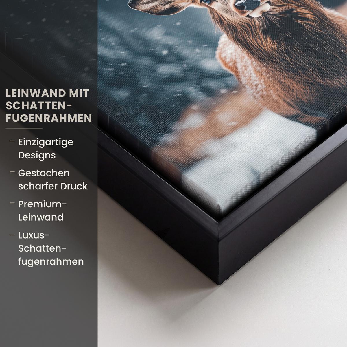LEINWAND Bilder mit Rahmen - Hirsche - Tiere - Landschaft - Winter - Schnee - 20x20 - Kastanienfarben, Textil (20/20cm) - MuchoWow