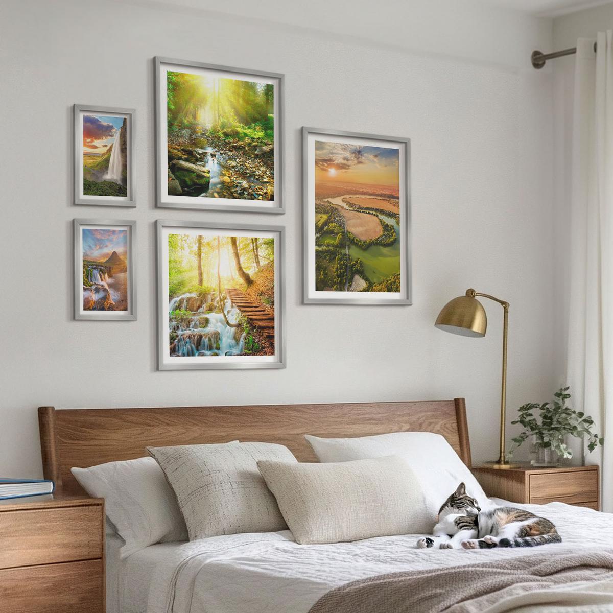 BILDER SET 5er Set - 50x50 cm & 20x30 cm & 40x60 cm Silberner Rahmen - Orange Mountain Wasserfall - Silberfarben, Kunststoff (40/60cm) - TULUP