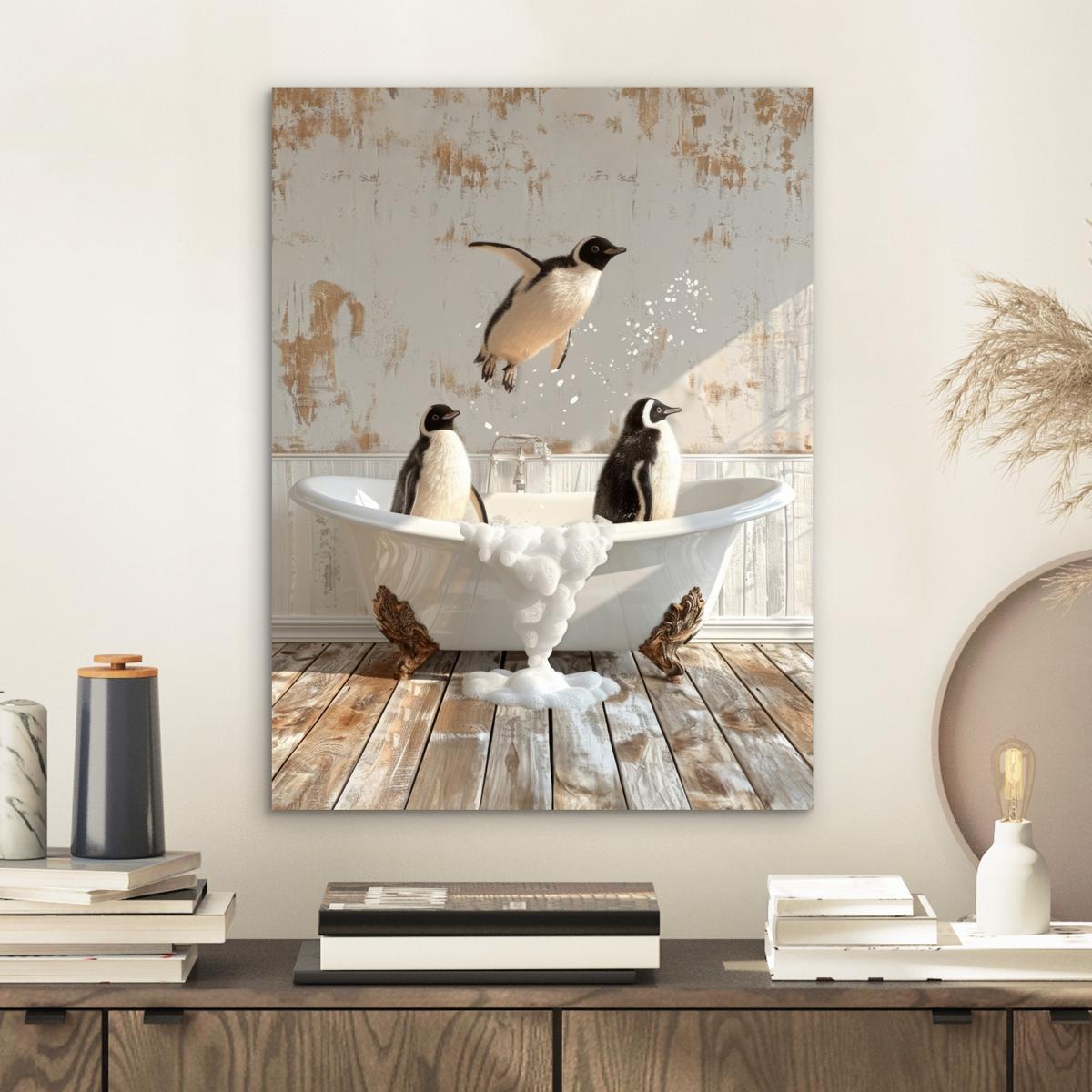 METALLBILD Vintage - Pinguin - Badewanne - Schaumstoff 30x40 cm - Schwarz, Metall (30/40cm) - MuchoWow