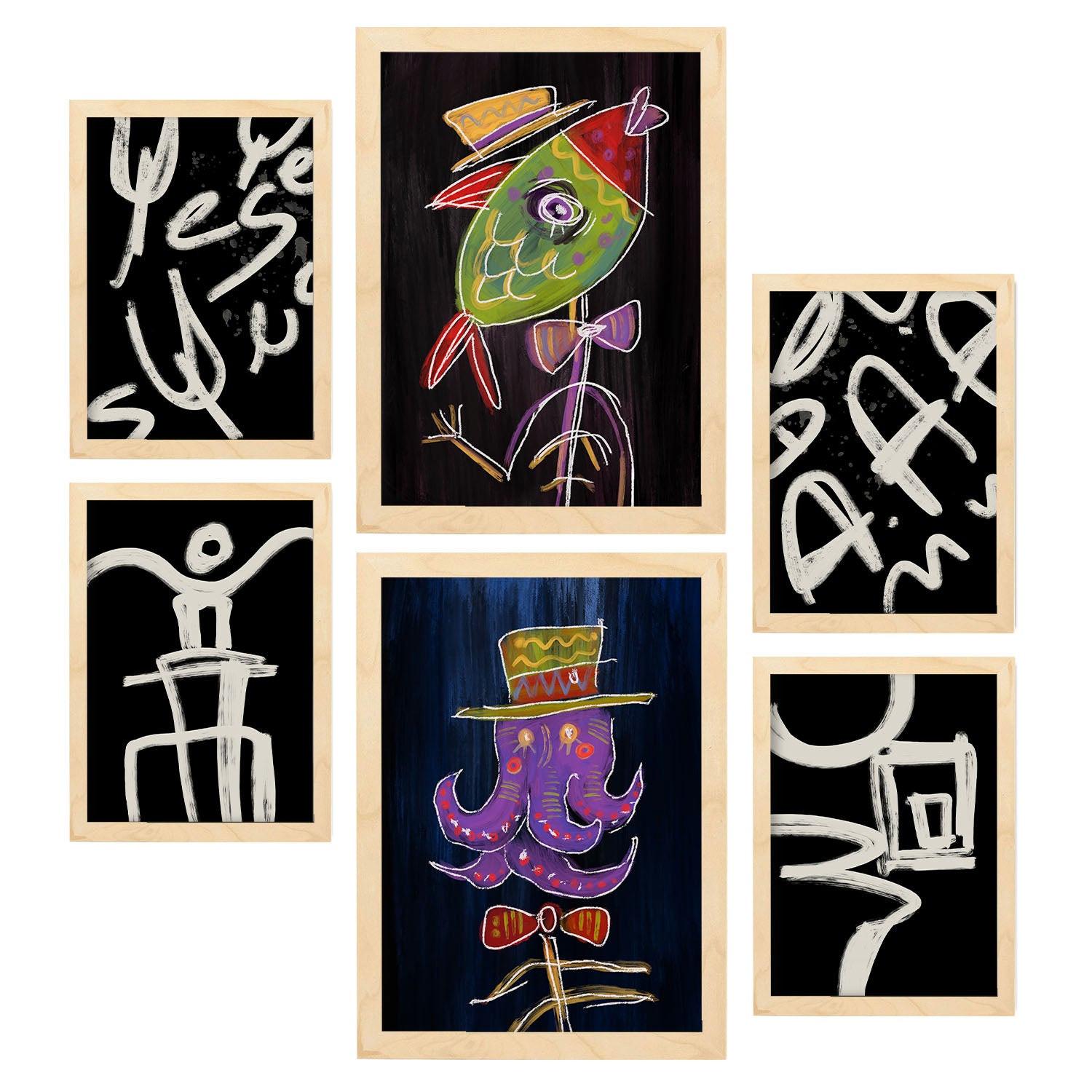 POSTER Set Mit 6 Aufsichtsfang 1 In Tiere Zusammenfassungen A3 & A4 Rahmen Aus Hellem Holz - Beige, Papier (29/3cm) - Nacnic