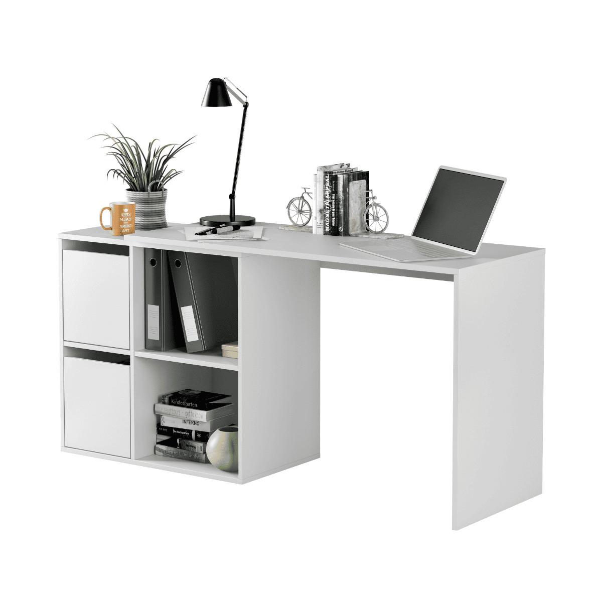 ECKSCHREIBTISCH Umkehrbarer, 4 Fächer und 2 Türen, Weiß 120/74/77 cm - Weiß, Holzwerkstoff (51/120/74cm) - Calicosy