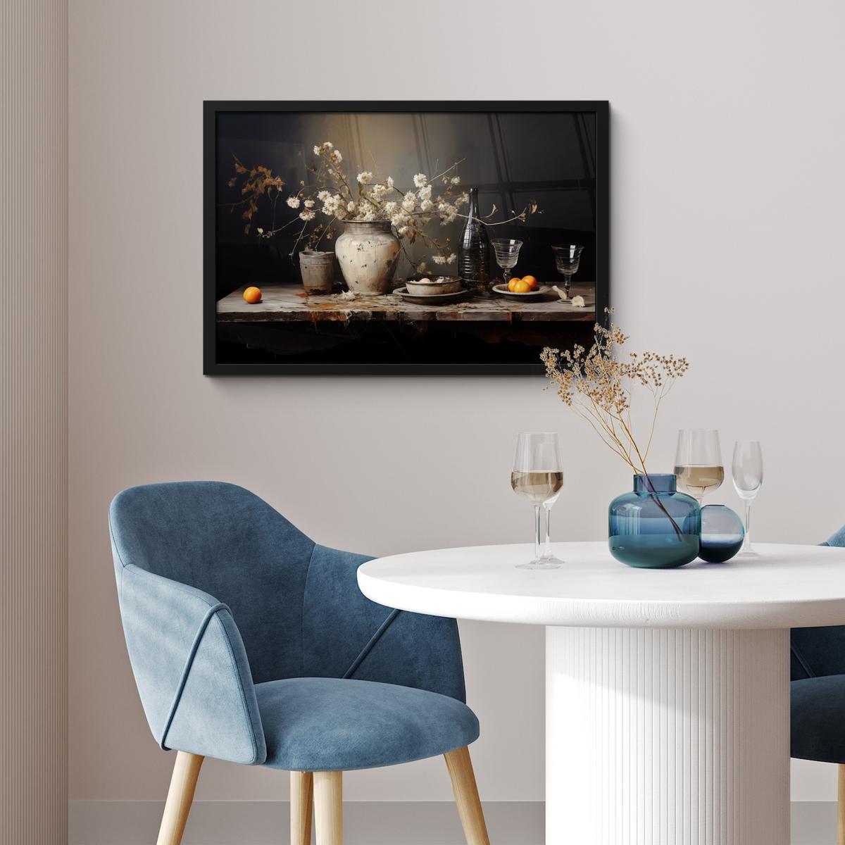 POSTER MIT RAHMENGERAHMTES BILD Stilleben - Blumen - Blumenstrauß - Vase - Wein 60x40 cm - Schwarz, Papier (60/40cm) - MuchoWow