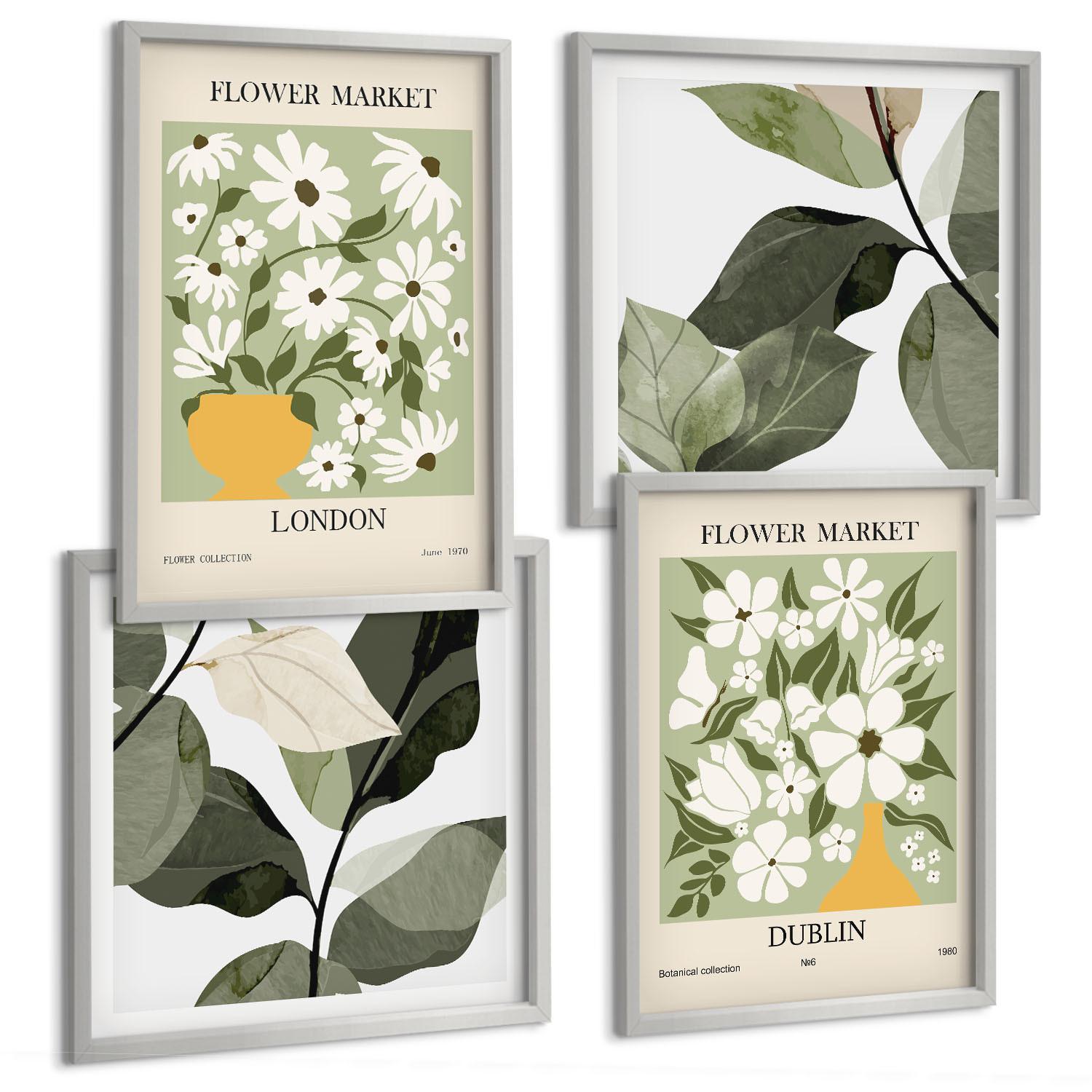 BILDER SET 4er Set - 50x50 cm & 40x60 cm Silberner Rahmen - Blumenmuster London Dublin - Silberfarben, Kunststoff (50/50cm) - TULUP