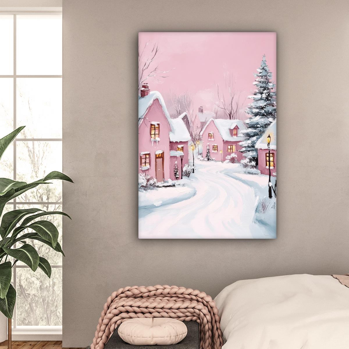 LEINWANDBILD Weihnachtsdorf - Rosa - Winter - Schnee - Häuser Deko XXL 80x120 cm - Altrosa, Textil (80/120cm) - MuchoWow
