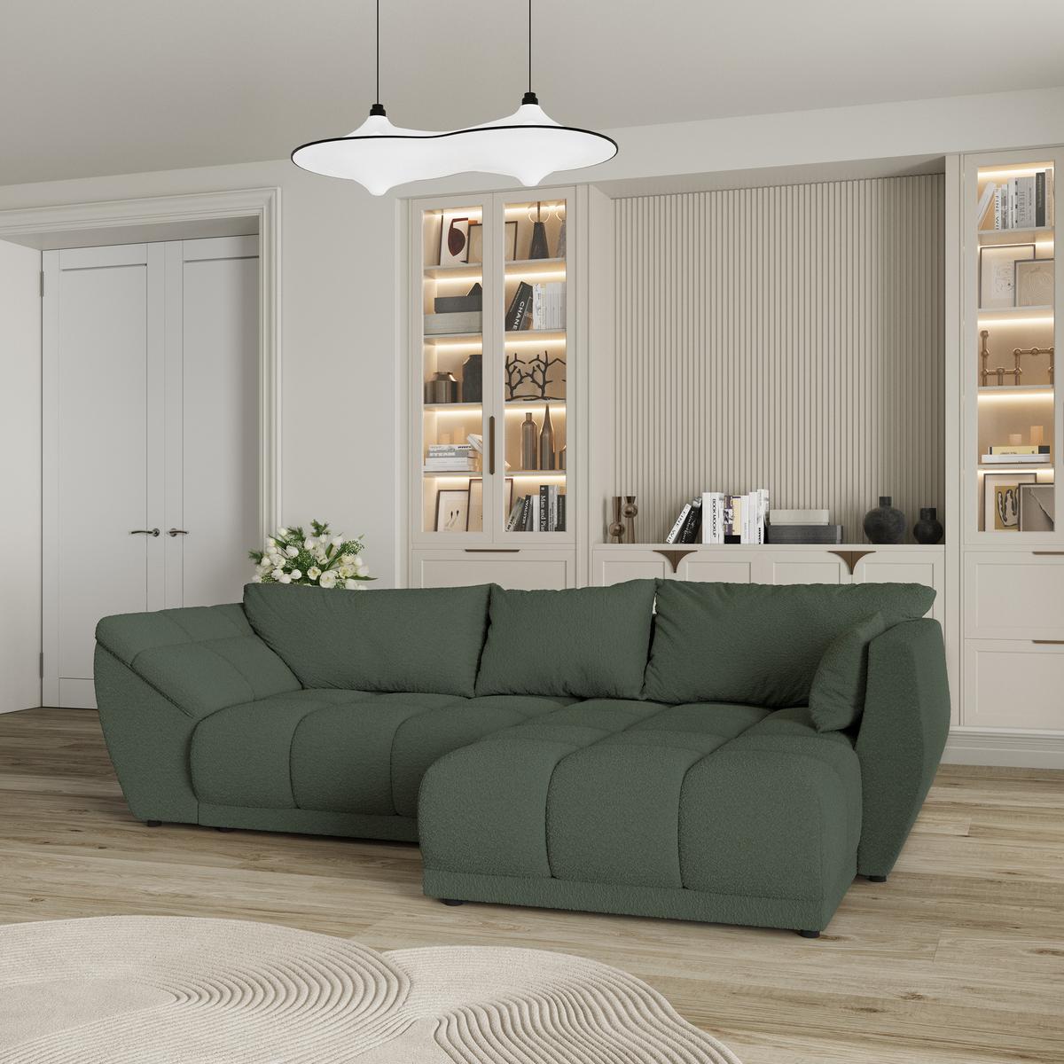 ECKSOFA ORENTI R-S Grün Boucle-Stoff mit Schlaffunktion - Grün, Holz (287/182cm) - MASSENO