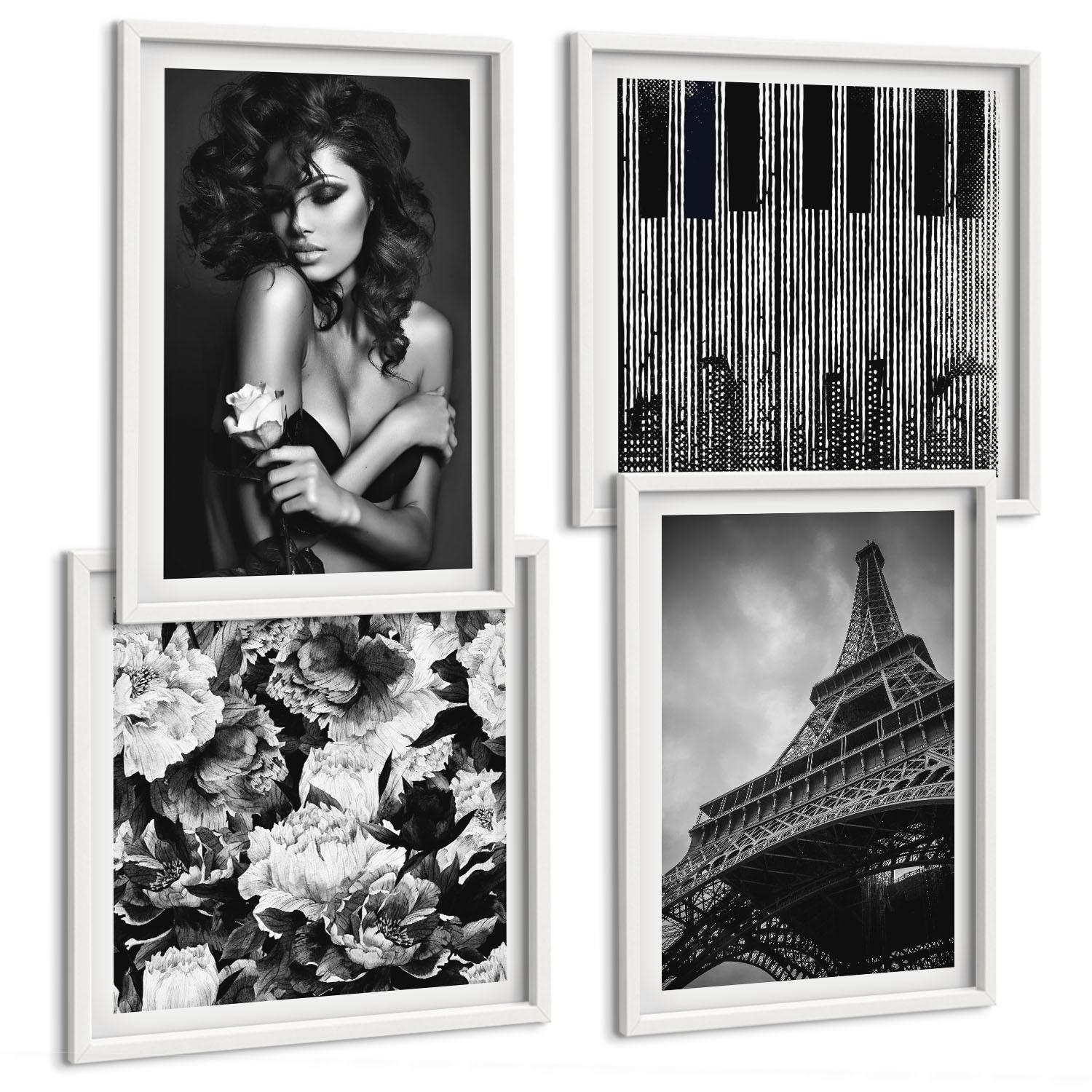 BILDER SET 4er Set - 50x50 cm & 40x60 cm Weißer Rahmen - Porträt einer Frau mit einer Eiffel-Rose - Weiß, Kunststoff (50/50cm) - TULUP