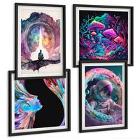 BILDER SET 4er Set - 50x50 cm & 40x60 cm Schwarzer Rahmen - Farbenfrohe Fantasy-Kunstillustrationen - Schwarz, Kunststoff (50/50cm) - TULUP