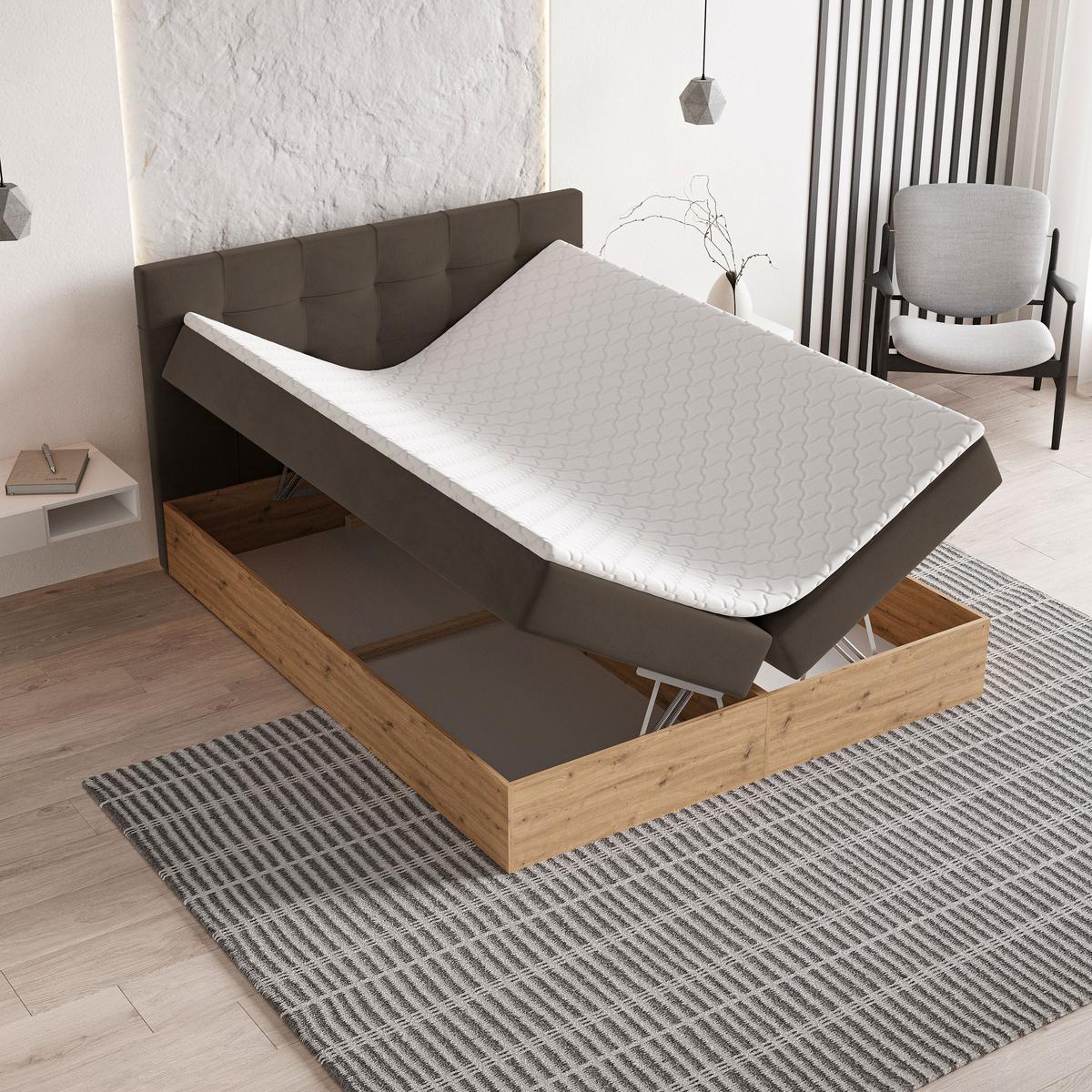 BOXBETT MOLVEN 140x200 cm mit Matratze und Topper - Braun - Braun, Holz (140/200cm) - MASSENO