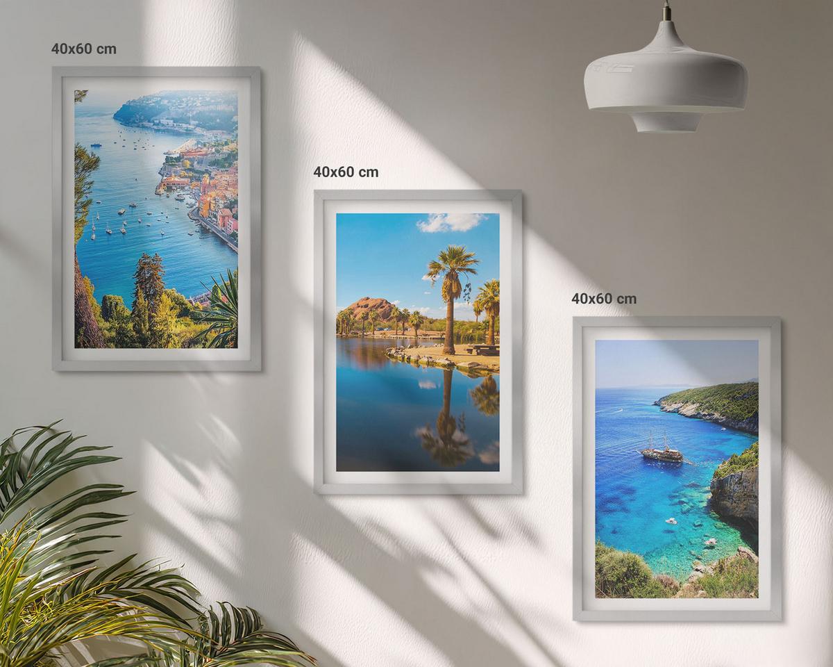 BILDER SET 3er Set - 40x60 cm Silberner Rahmen - Palmen am Meer, blaues Wasser - Silberfarben, Kunststoff (40/60cm) - TULUP