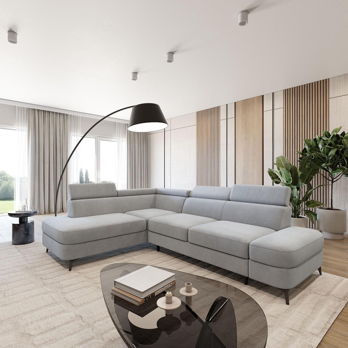 ECKSOFA AVISE MV L-S Hellgrau Velours-Stoff mit Schlaffunktion - Hellgrau, Holzwerkstoff/Textil (268/195cm) - MASSENO
