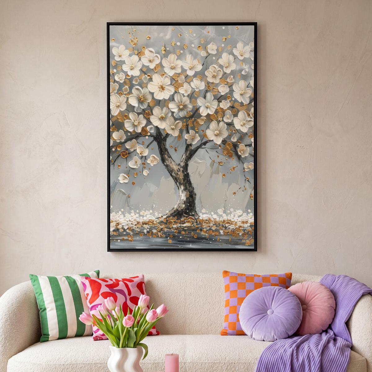 LEINWAND Bilder mit Rahmen - Baum - Blumen - Weiß - Natur - Kunst - 100x150 - Weiß, Textil (100/150cm) - MuchoWow