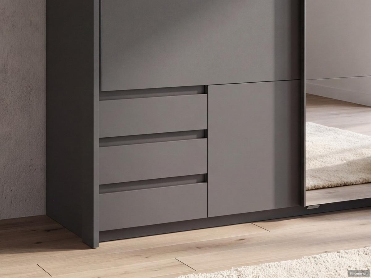 SCHWEBETÜRENSCHRANK 2-türig B183/H200/T65 cm, Passepartout-Kleiderschrank in Grafit mit sichtbaren Schubkästen & Spiegel / 22714 - Graphitfarben/Schwarz, Holz/Holzwerkstoff (183/200/65cm) - luma-home
