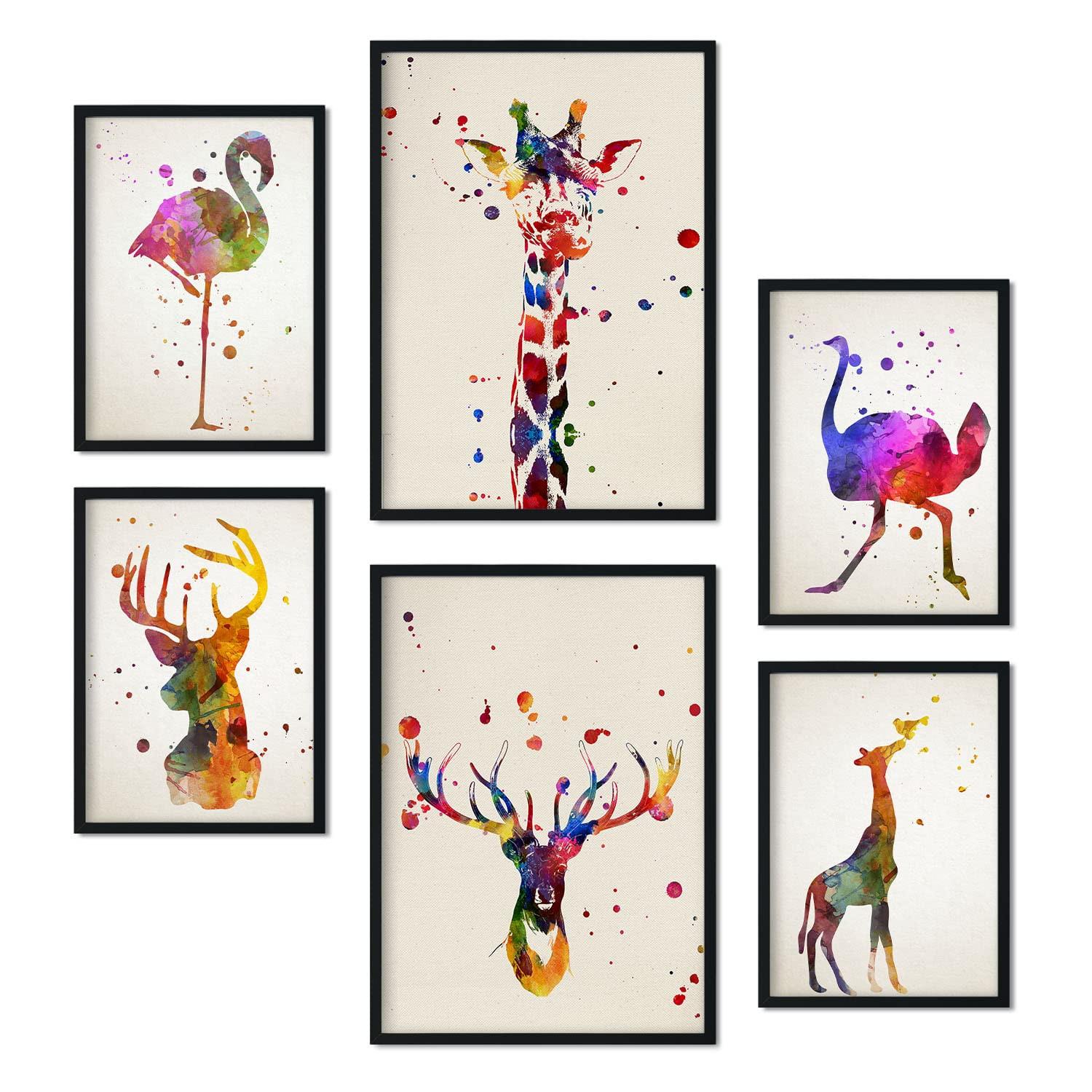 POSTER Set Mit 6 Von Aquarelltieren Sammlung A3 & A4 Schwarzer Rahmen - Schwarz, Papier (29/3cm) - Nacnic