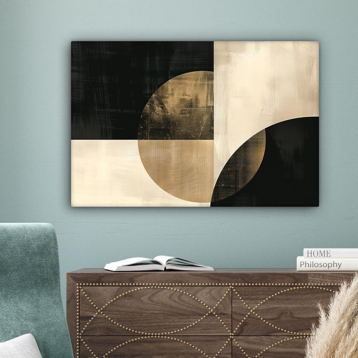 LEINWANDBILD Abstrakt - Geometrische Formen - Schwarz - Gold Gemälde 60x40 cm - Ecru, Textil (60/40cm) - MuchoWow