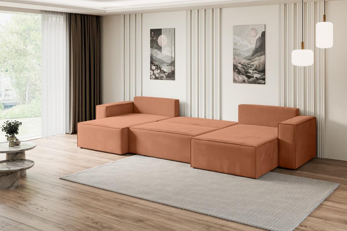 WOHNLANDSCHAFT mit Schlaffunktion und Bettkasten CELTIC-XLU - 377x143x83 cm Koralle Velours - Koralle/Schwarz, Holzwerkstoff/Kunststoff (377/83/143cm) - ALTDECOR