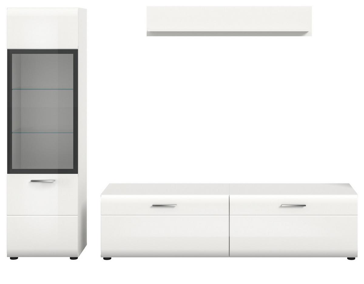 WOHNWAND weiß Hochglanz 3-teilig 220 cm, Schrankwand mit viel Stauraum - Weiß Hochglanz/Silberfarben, Glas/Holzwerkstoff (220/160/41cm) - Inn.Furn