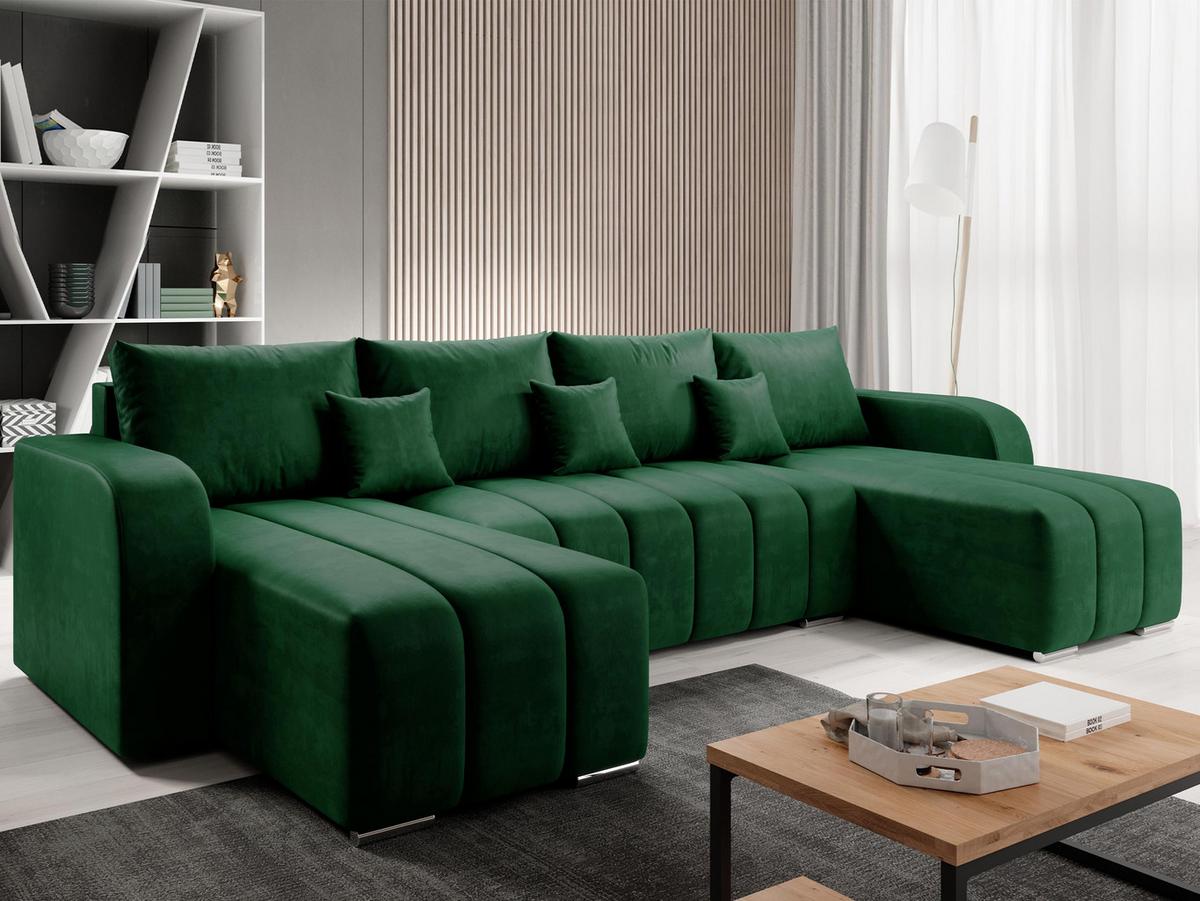 WOHNLANDSCHAFT Pufetto U - Smaragdgrün/Silberfarben, Holz/Textil (313/86/147cm) - MIRJAN24