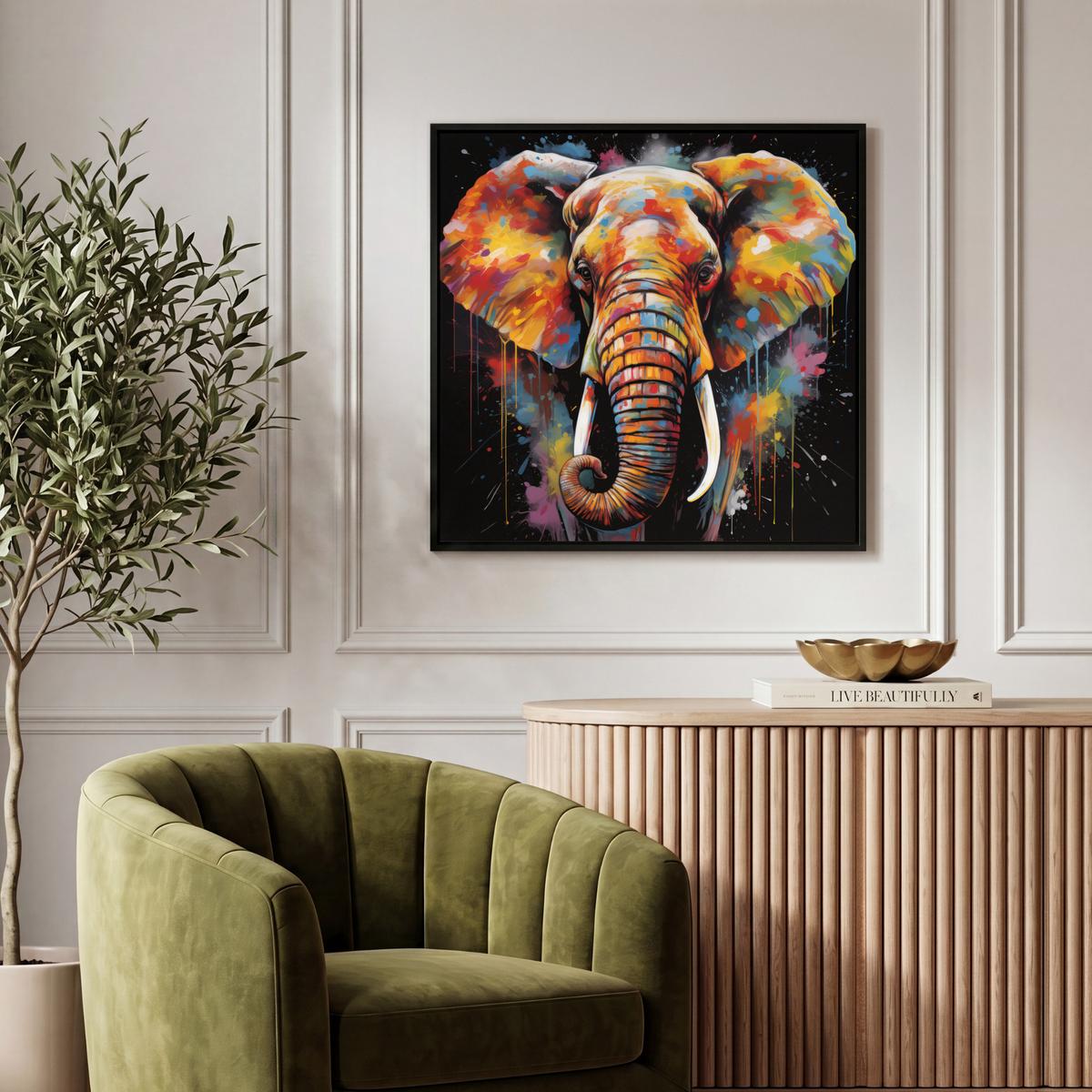 LEINWAND Bilder mit Rahmen - Elefant - Graffiti - Schwarz - Tiere - Farben - 50x50 - Schwarz, Textil (50/50cm) - MuchoWow