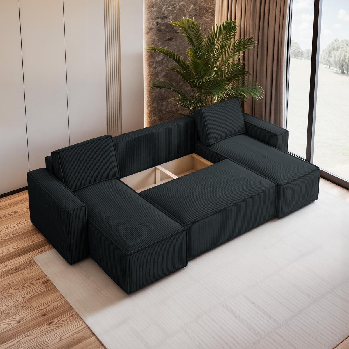 WOHNLANDSCHAFT PESANO P Schwarz Kordstoff mit Schlaffunktion - Schwarz/Grau, Holz/Kunststoff (306/85/140cm) - MASSENO