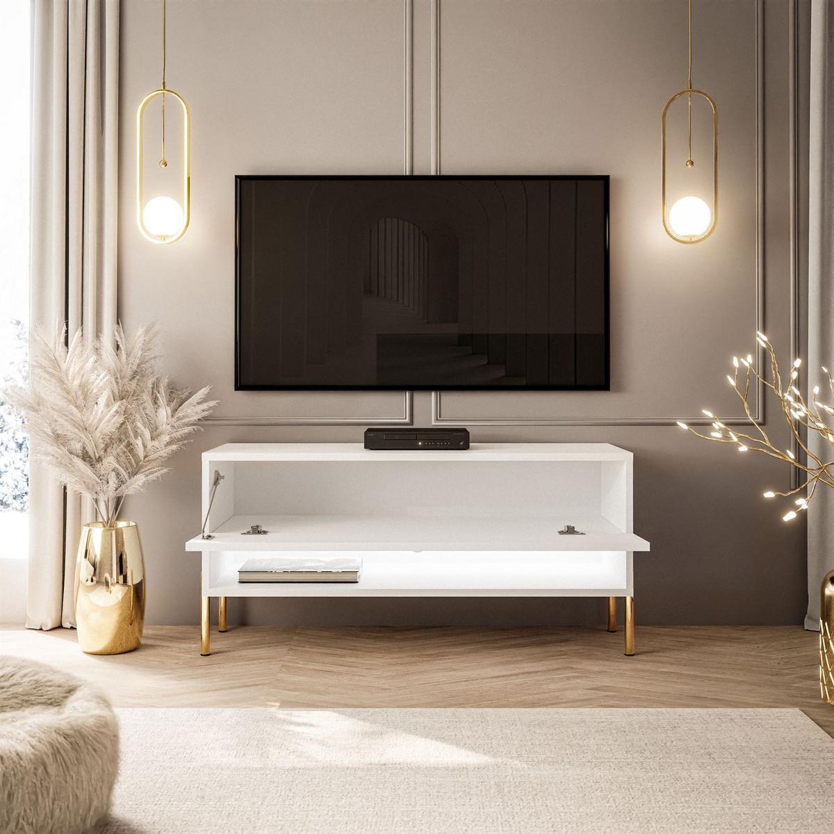 LOWBOARD TV-Schrank CALANTE 90 cm auf geraden goldenen Chrom-Beinen - Weiß Hochglanz/Goldfarben, Holzwerkstoff/Metall (90/44/35cm) - Lookway