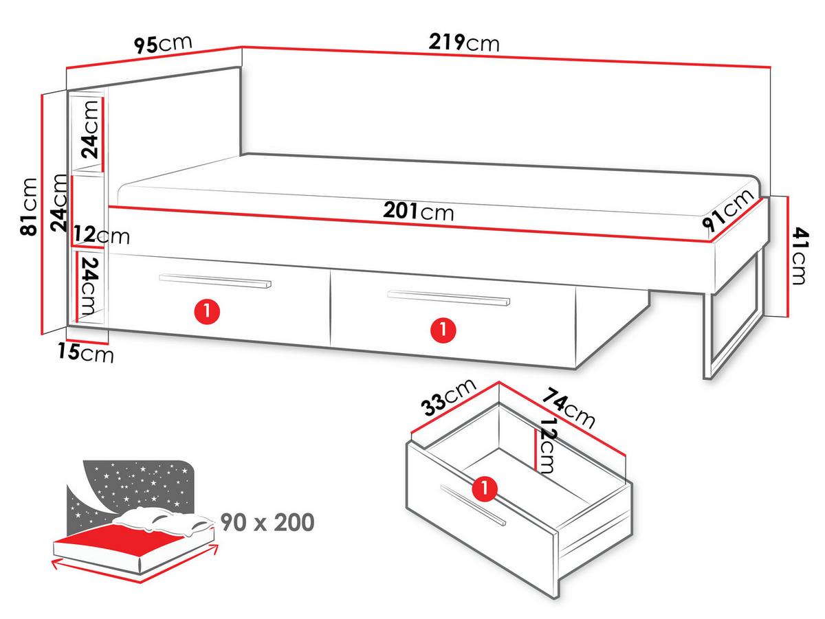 JUGENDBETT Lorin LO11 L / P - Kaschmir/Rosa, Holzwerkstoff (90/200cm) - MIRJAN24