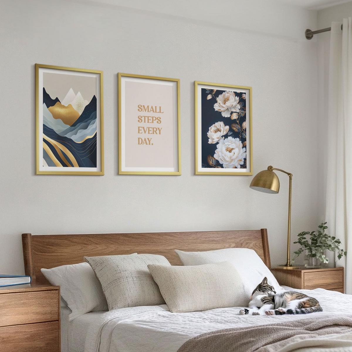 BILDER SET 3er Set - 40x60 cm Goldrahmen - Abstrakte Berge und Blumen Inspiration - Goldfarben, Kunststoff (40/60cm) - TULUP