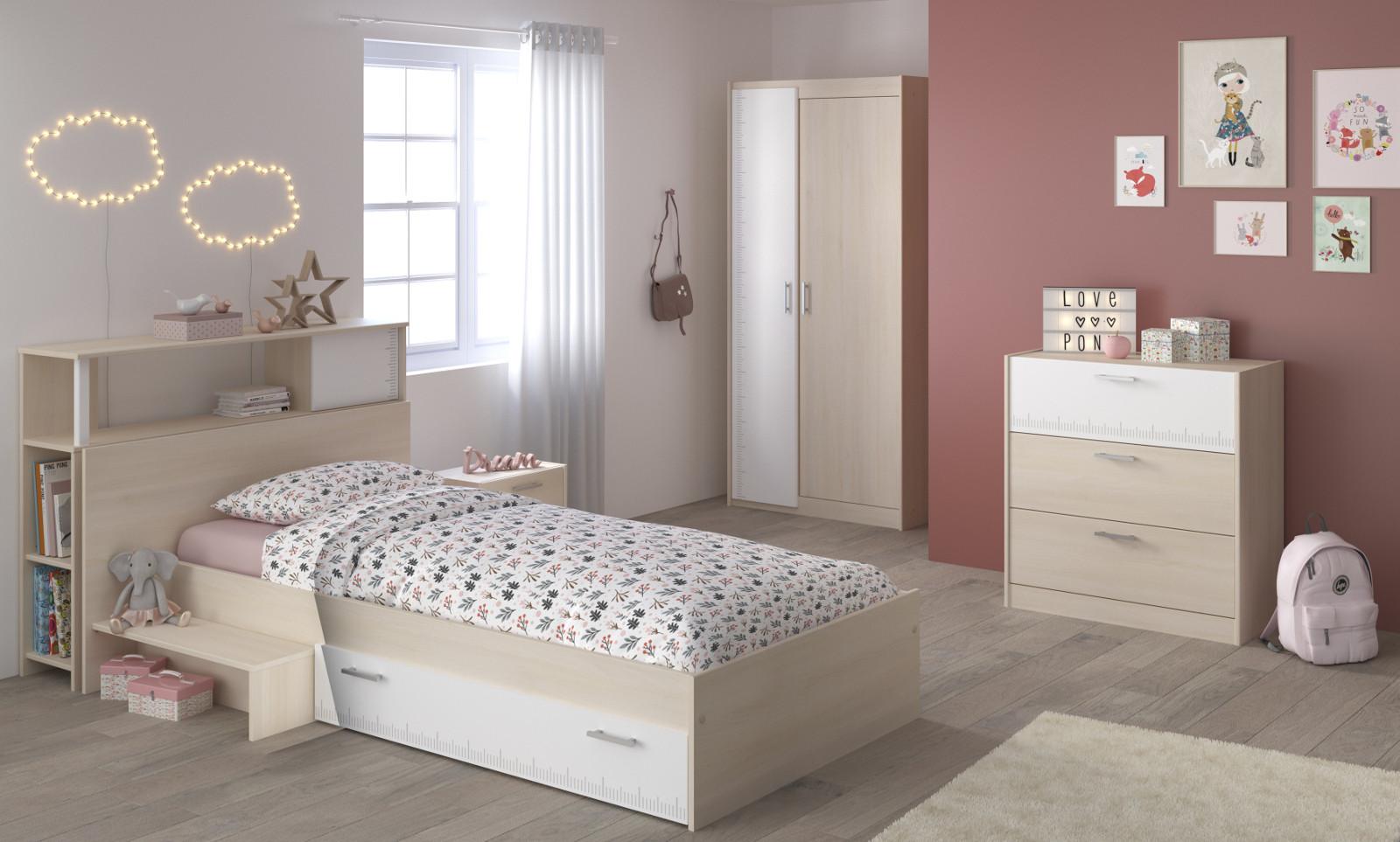 KINDERZIMMER Set 5-tlg Kleiderschrank Kommode Stauraumbett 90 x 200 cm - Silberfarben/Weiß, Holzwerkstoff/Kunststoff (121/180/233cm) - Parisot Meuble