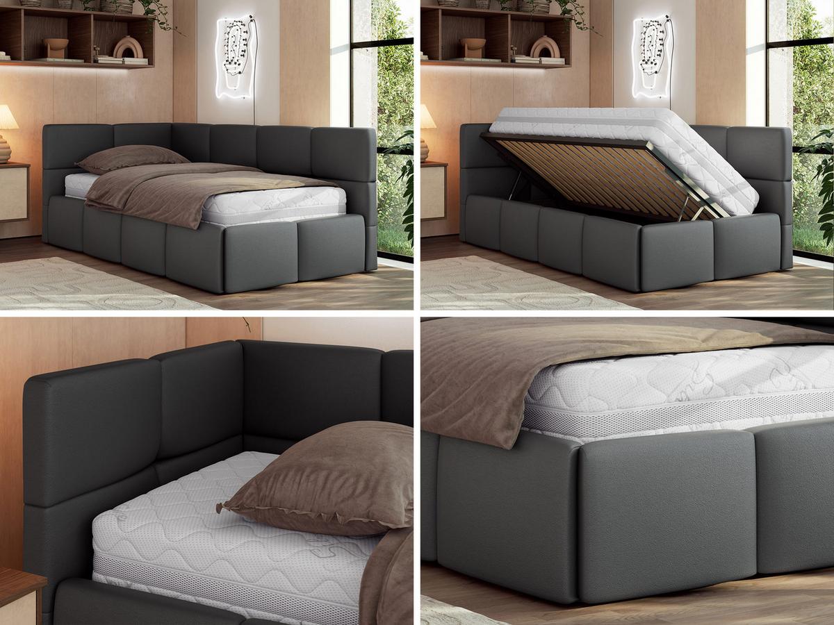 JUGENDBETT ARVO 90/200 - Grau Kunstleder - Multipocket-Matratze - Links Seite - Grau, Textil (90/200cm) - MKS