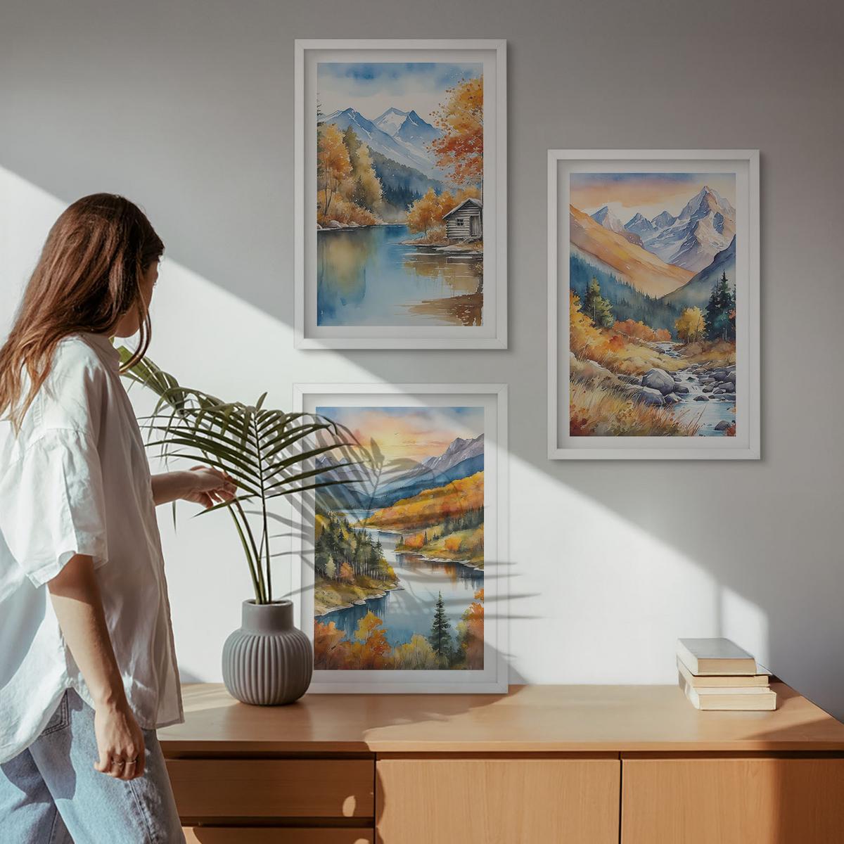 BILDER SET 3er Set - 40x60 cm Weißer Rahmen - Berglandschaft, Fluss, Herbst - Weiß, Kunststoff (40/60cm) - TULUP