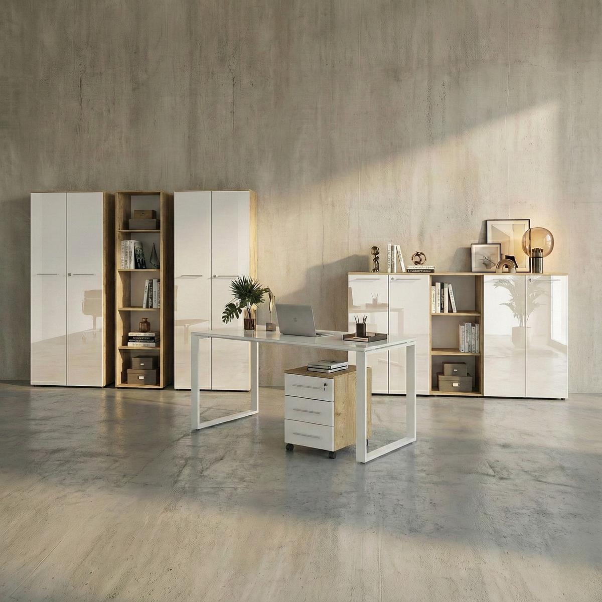 BÜRO-SET MUENCHEN 8-teilig | Glas & Abschließbar & Soft-Close | Chalet-Eiche-Nb./Weiß - Weiß, Holzwerkstoff/Metall (575/196/80cm) - KADIMA DESIGN