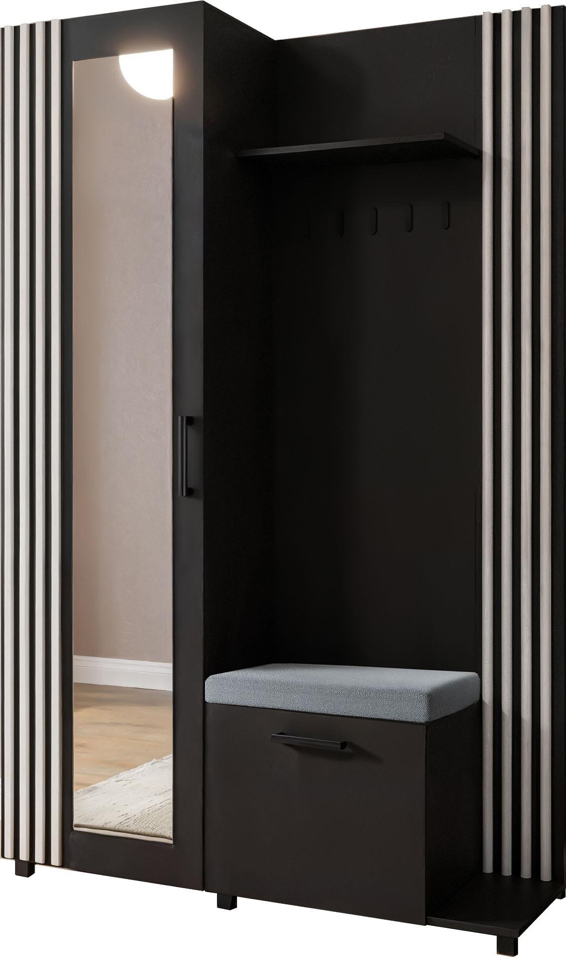 GARDEROBE Linaro mit Spiegel, Sitzbank in Lamellen-Optik 137/207/42 cm, Rechts - Schwarz, Holzwerkstoff (137/207/42cm) - WFL GROUP